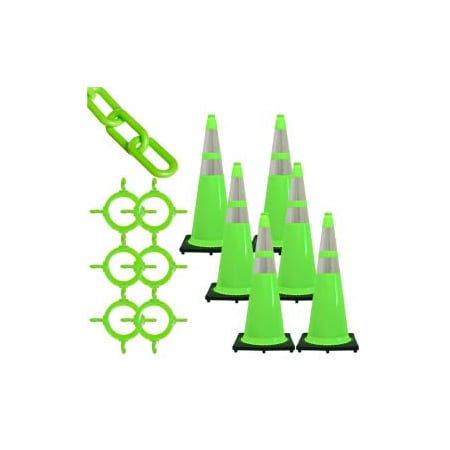 Gec Mr. Chain Traffic Cone & Chain Kit with Reflective Collars, Safety Green 97277-6